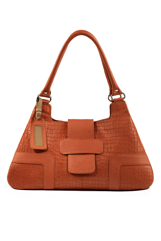 Terracotta orange women's dress handbag, matching pumps and belts. Top view - Florence KOOIJMAN